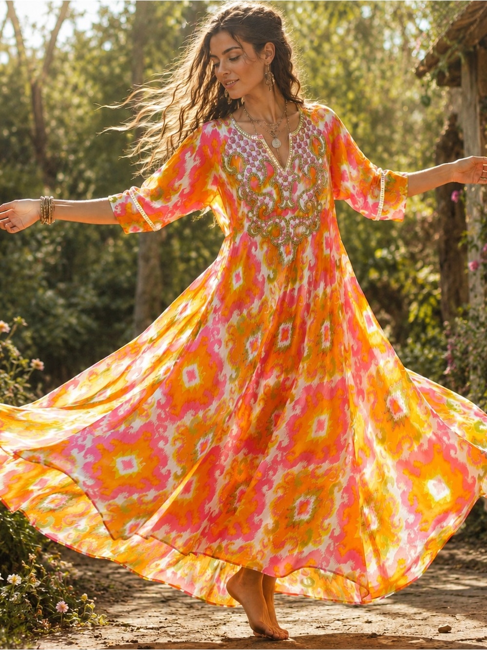 Miss June Marga Embroidered Sequin Maxi Dress Pink Orange Ikat Boho Free Sz